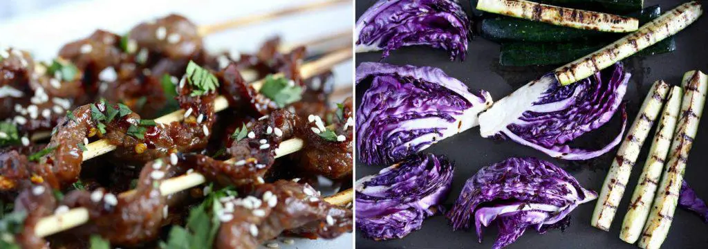 Grilled purple cabbage, grilled zucchini and beef satay with sesame seeds.