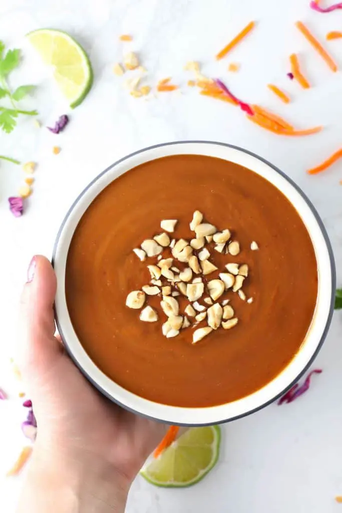 Hand holding bowl of peanut sauce.