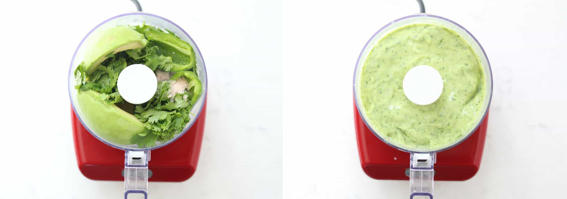 Ingredients in food processor next to food processor with green sauce.