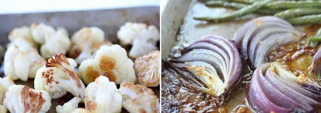 Roasted cauliflower and roasted red onion on a sheet pan.