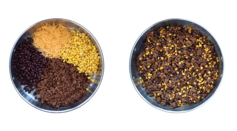 Two pans of cheese, black beans, corn and ground beef.