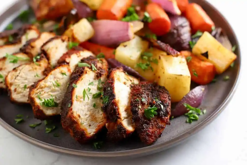 Chicken and vegetables on grey plate.