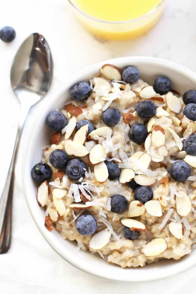 Blueberry Coconut Oatmeal in a white bowl. 