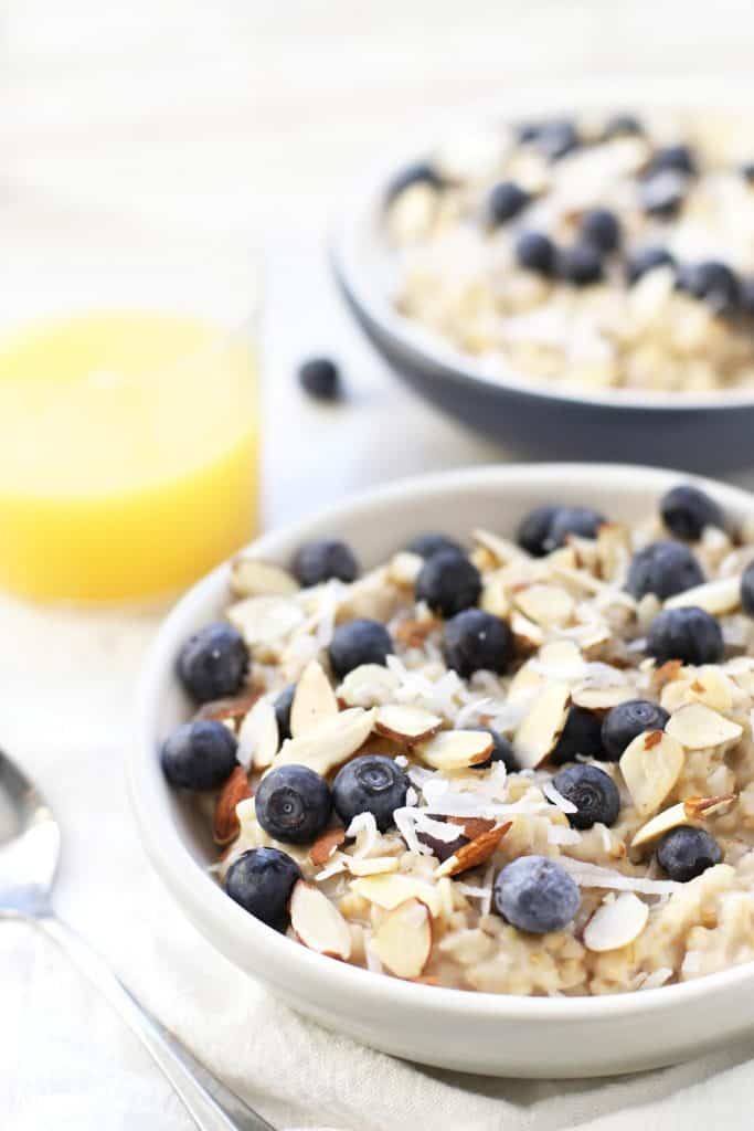 Blueberry Coconut Oatmeal in a white bowl.