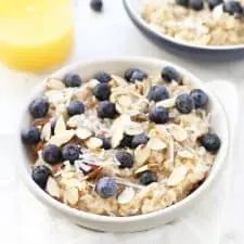 Blueberry Coconut Oatmeal in a white bowl.