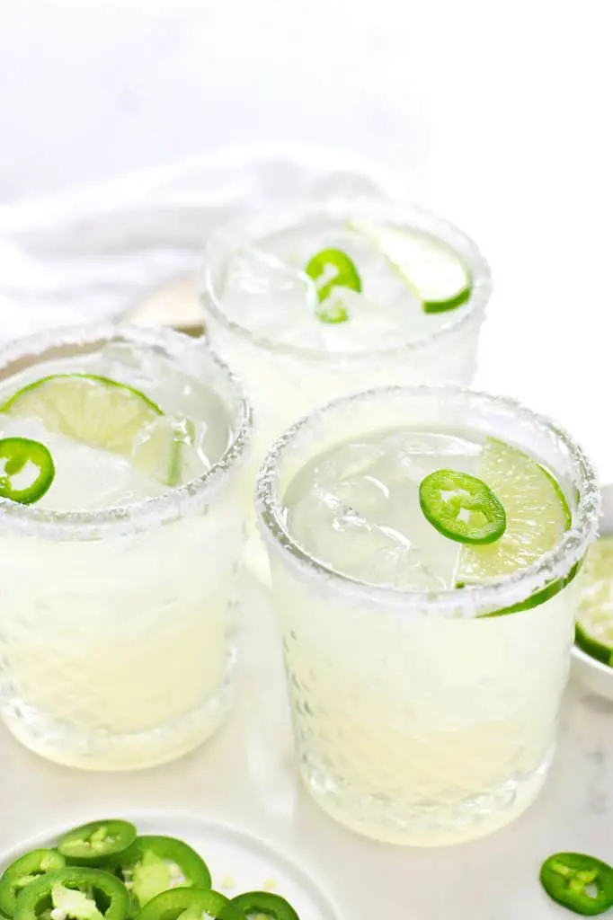 Three spicy margaritas in glasses.