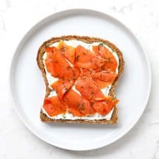 Smoked Salmon Breakfast Toast on white plate.