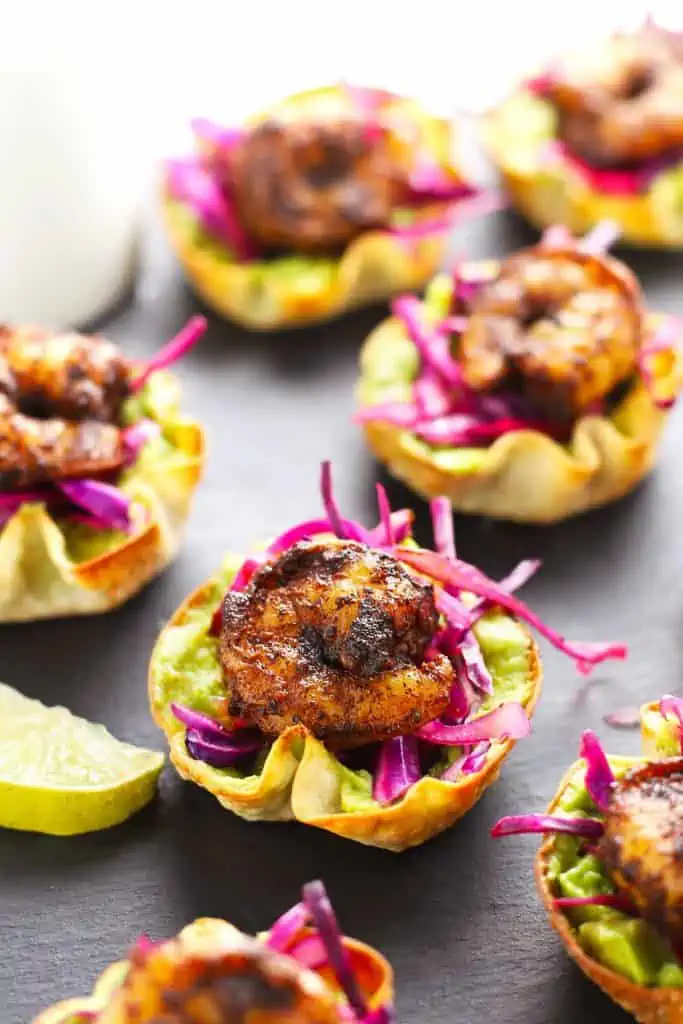 Wonton cups with spiced shrimp.