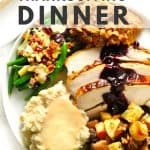 Make-ahead Thanksgiving dinner on white plate.
