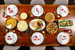 Table with make-ahead Thanksgiving dishes.