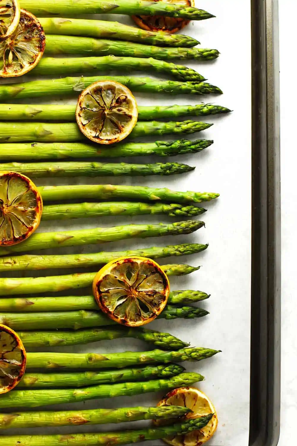 Baked asparagus on sheet pan.