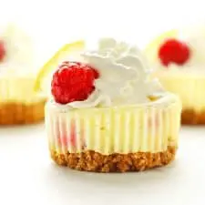 A mini cheesecake with whipped cream, a raspberry and a lemon slice.