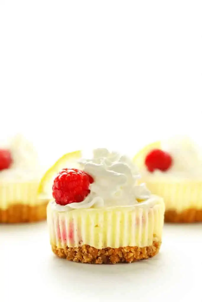 Mini cheesecake with whipped cream and a raspberry.