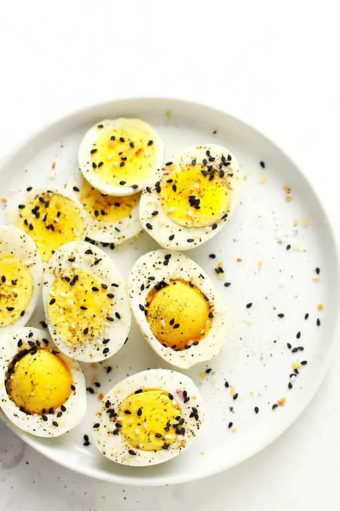 Hard-boiled eggs with everything bagel seasoning.