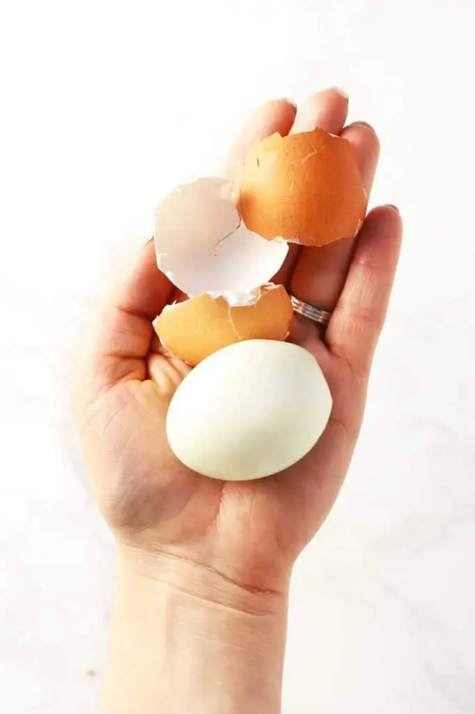 Hard-boiled egg and egg shell in a hand.