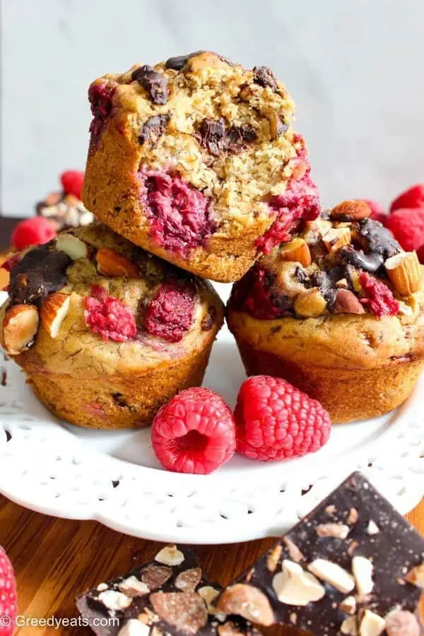 Healthy Raspberry Muffins with Chocolate Chunks and Almonds 