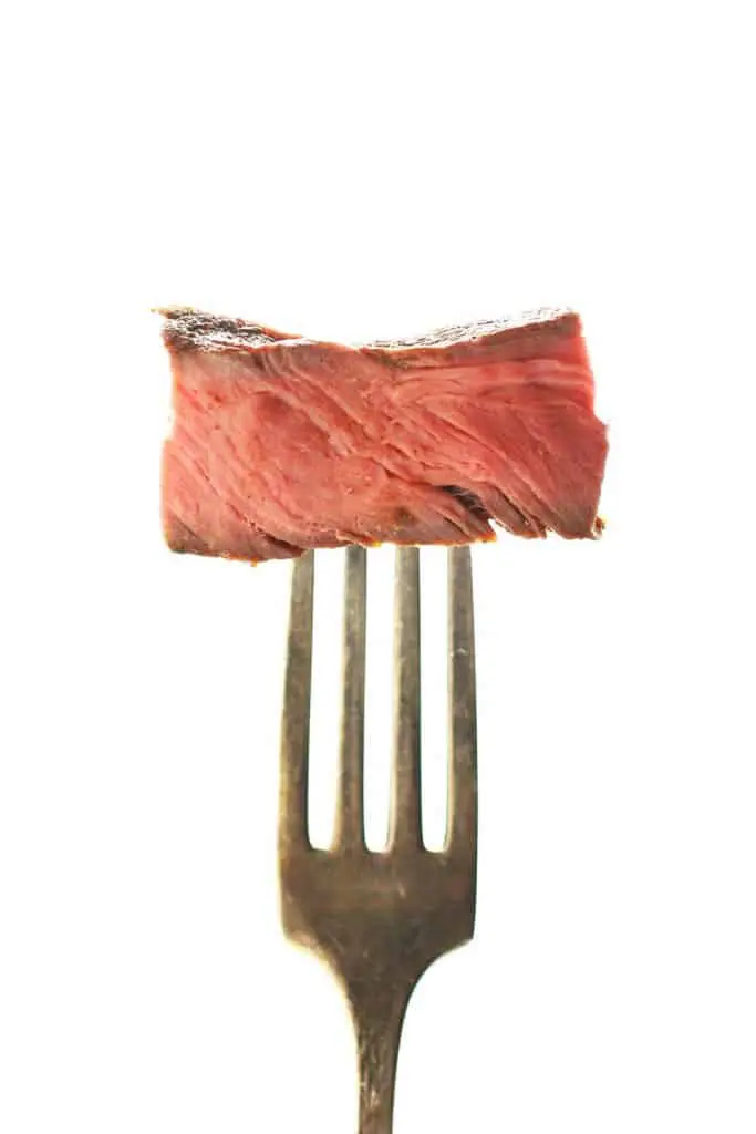 Sous vide steak on a fork. 