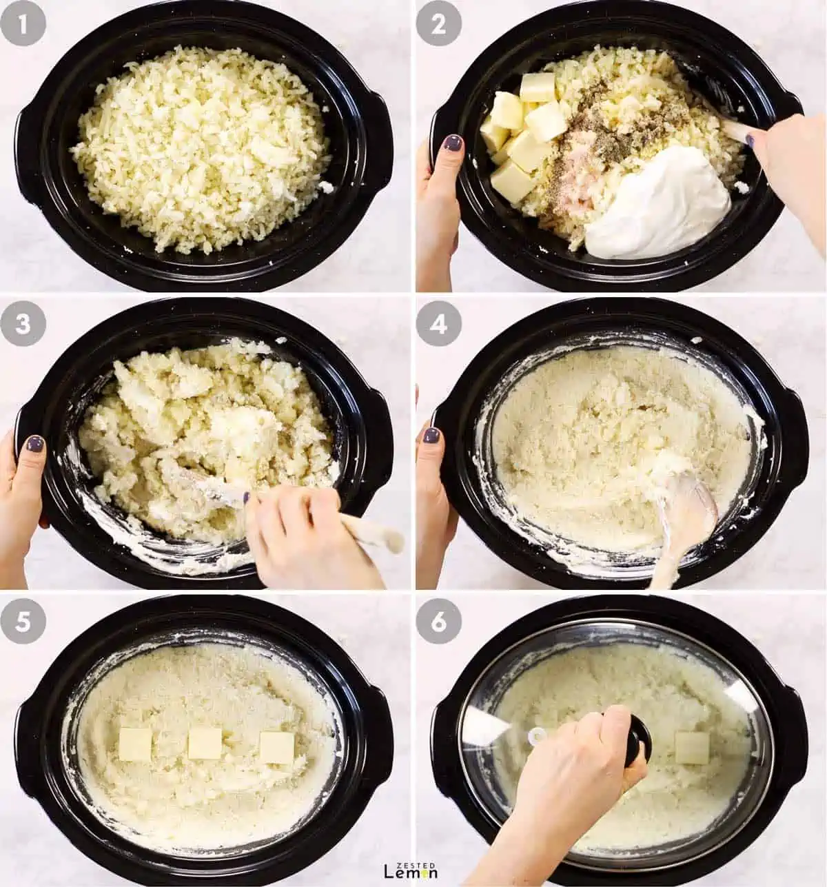 Adding ingredients to potatoes in slow cooker and mixing. 
