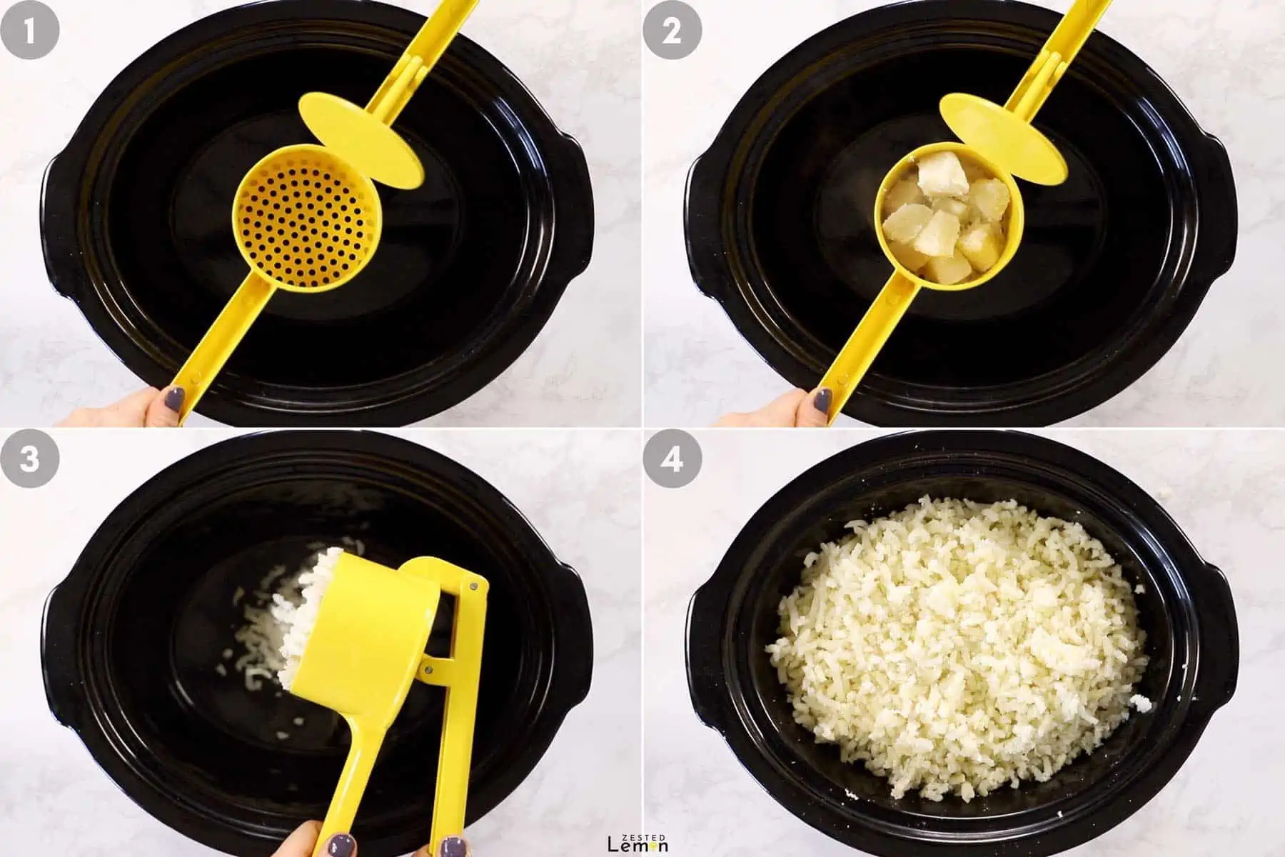 Mashing potatoes with ricer into a slow cooker. 