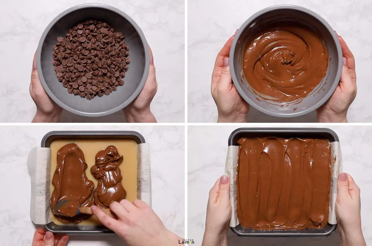 Chocolate layer instructions for cookie bars. 