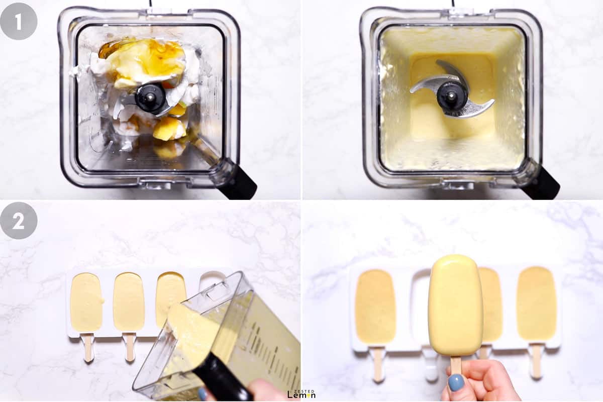 Step by step instructions to make Coconut Mango Popsicles. 