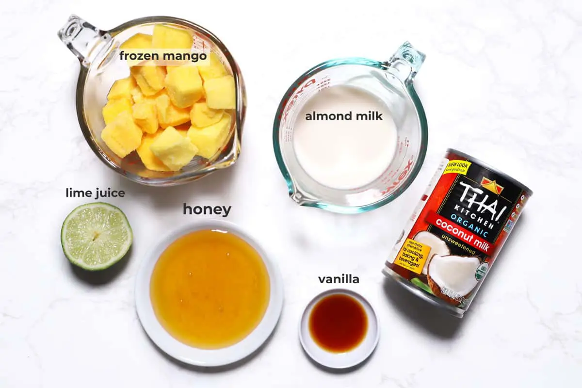 Ingredients to make coconut mango popsicles on marble counter. 