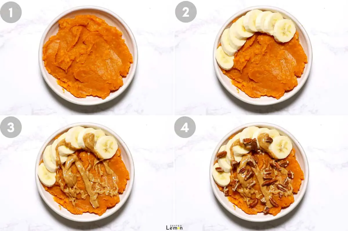 Adding banana, peanut butter and pecan toppings to sweet potato breakfast bowl. 