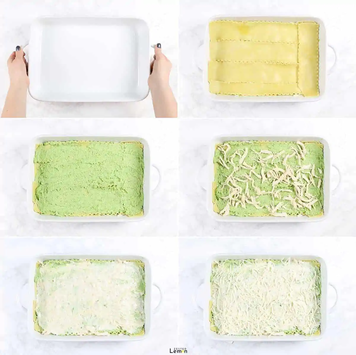 Instructions to assemble veggie loaded white chicken lasagna.