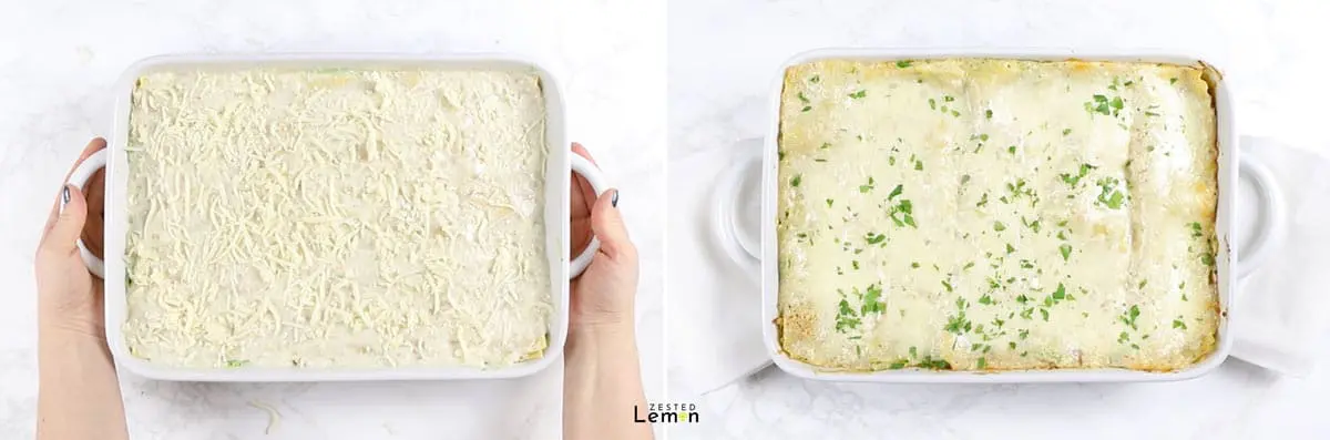 White chicken lasagna before and after it baked. 