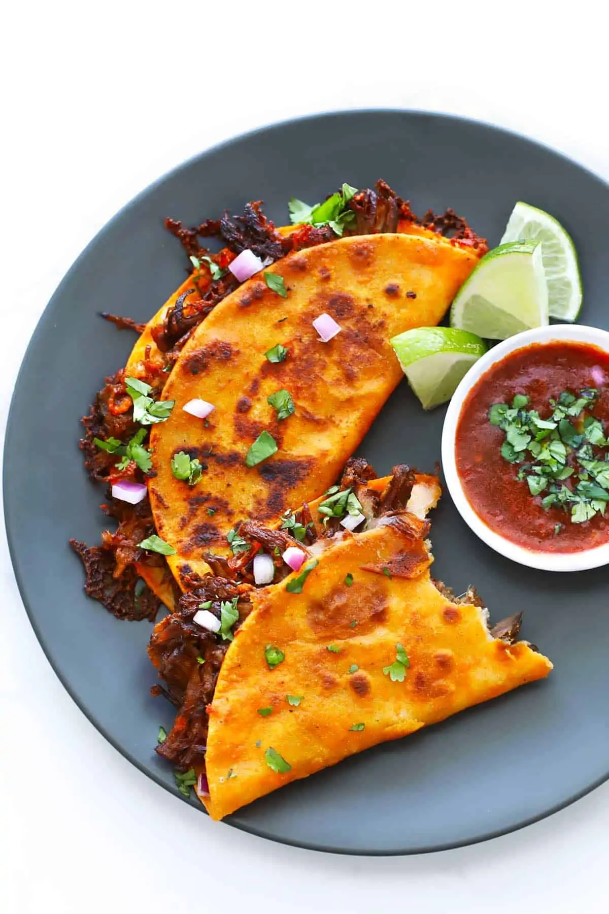 Two Birria Tacos on a grey plate. 