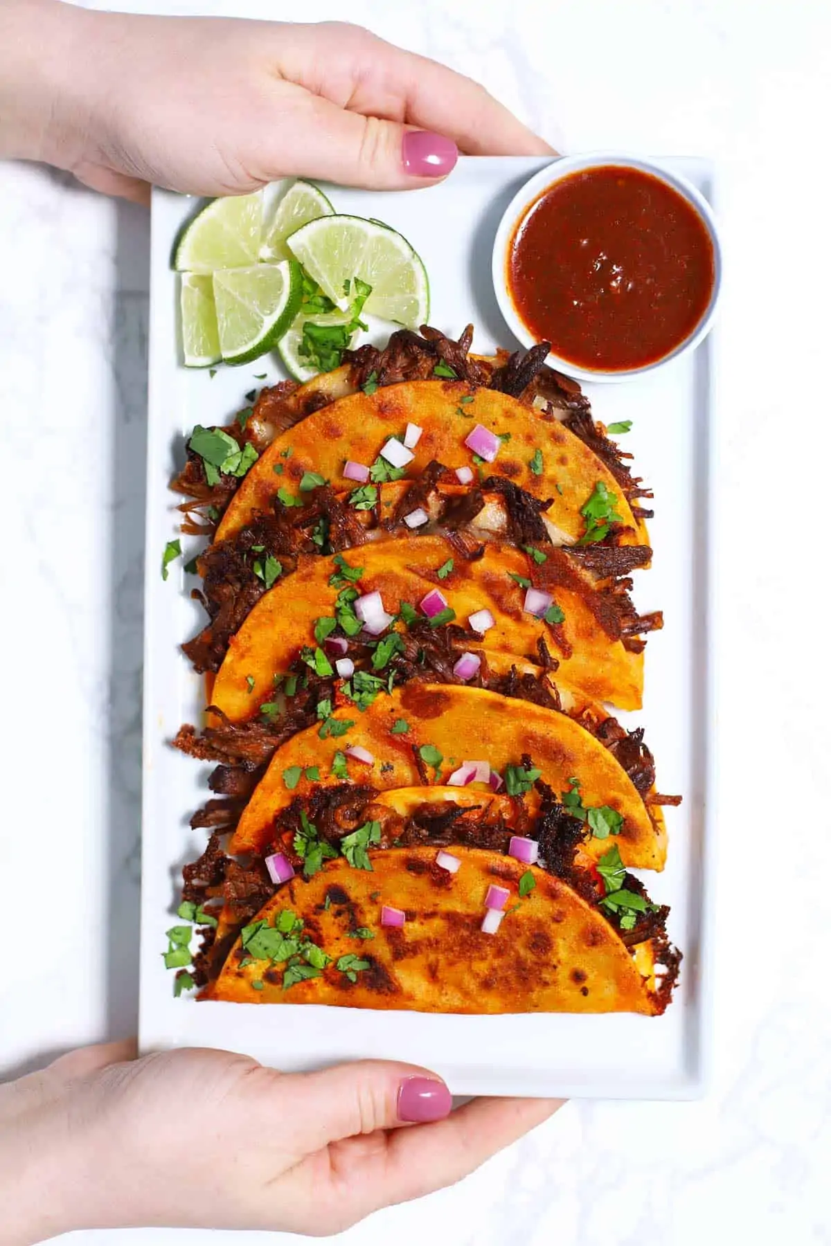 Crispy Birria Tacos on a white platter. 