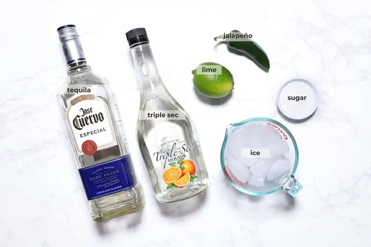 Ingredients to make a frozen jalapeño margarita. 