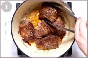 Meat being seared in Dutch oven.