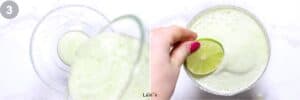Garnishing a margarita with lime and jalapeno slices.