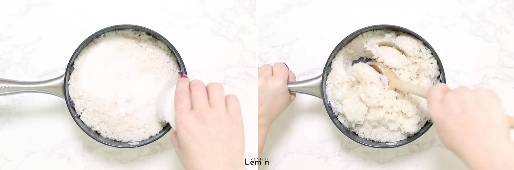 Stirring coconut rice in a pot with a wood spoon. 