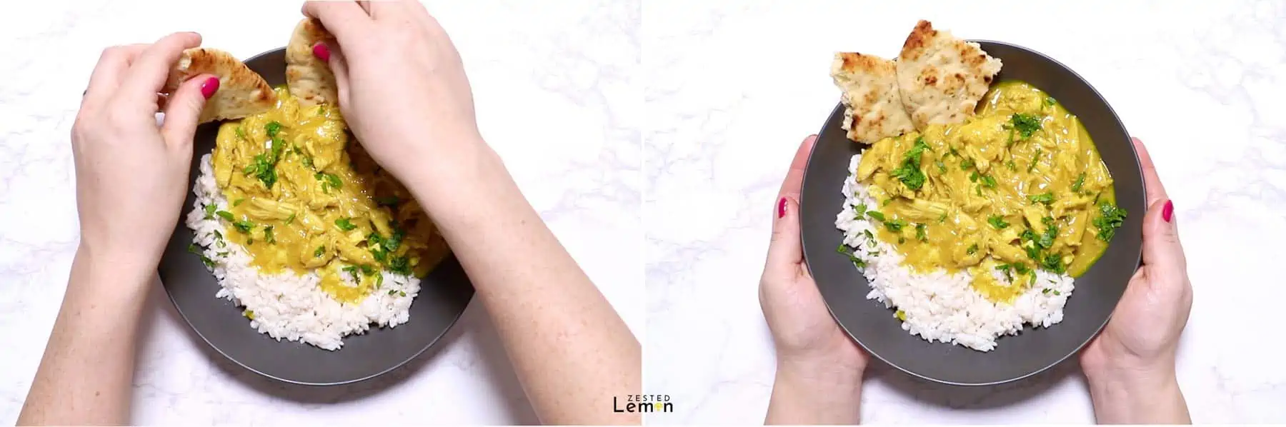 Plating honey curry chicken over coconut rice with pita in a grey bowl. 