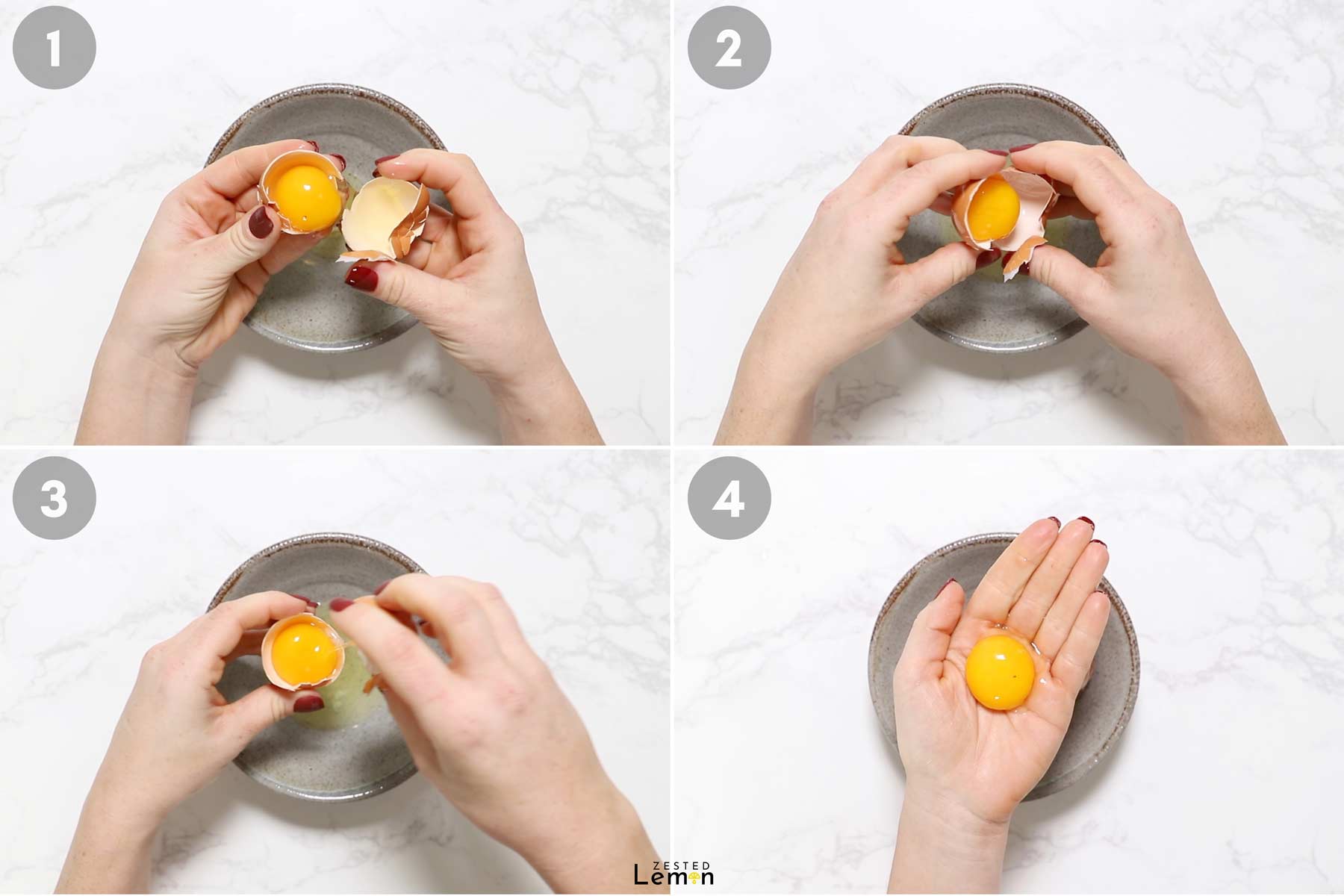Two hands separating egg yolk from egg white.