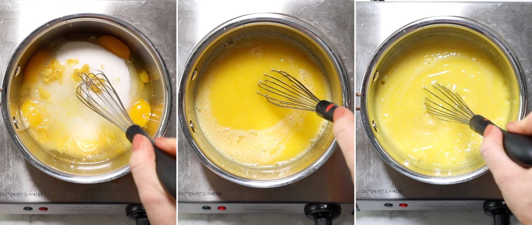 A whisk stirring a pot of lemon curd.