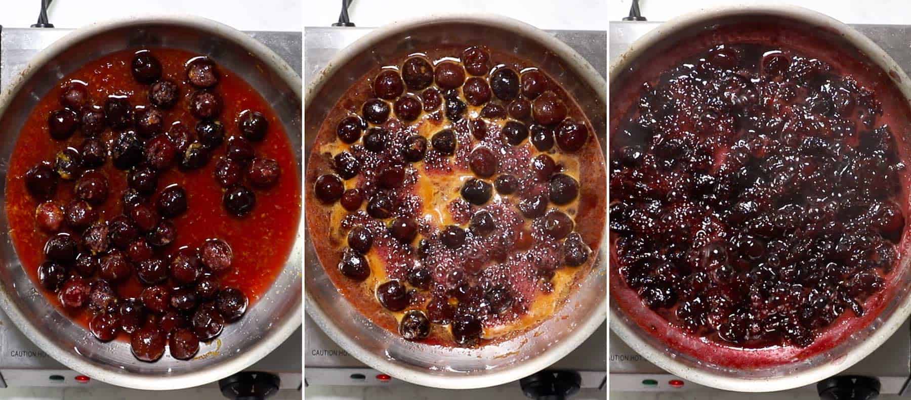 Cherry compote reducing in a pan. 