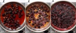 Cherry compote thickening in a large pan.