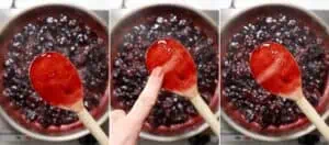 A spoon dipped in cherry compote.