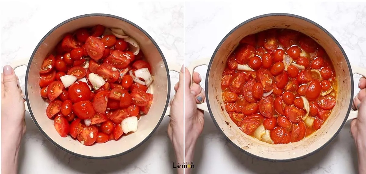 Tomates roasted in a Dutch oven. 