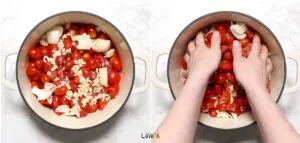 Tomatoes, garlic and onion in a dutch oven.