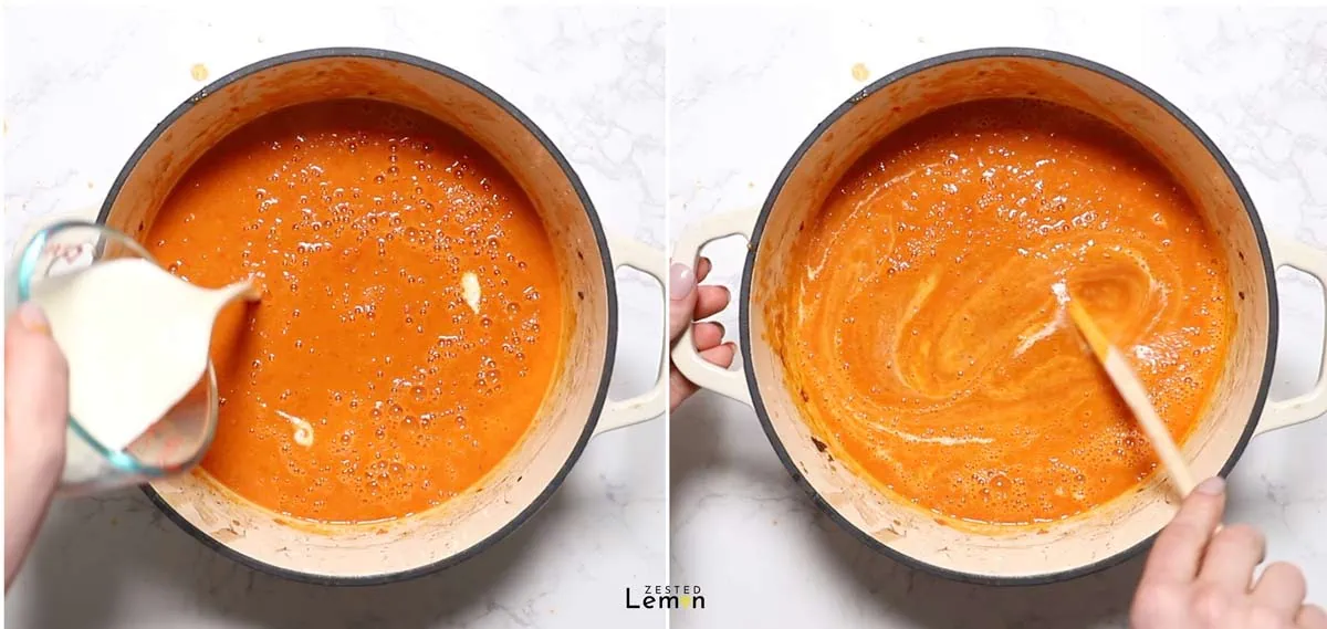 Stirring heavy cream into tomato soup.