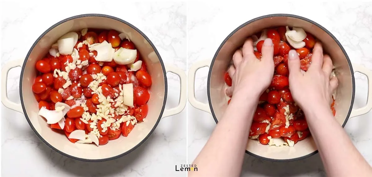 Tomatoes, garlic and onion in a dutch oven. 