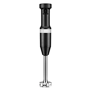 Black immersion blender on white background.