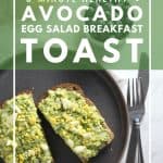 Avocado egg salad toast on grey plate.