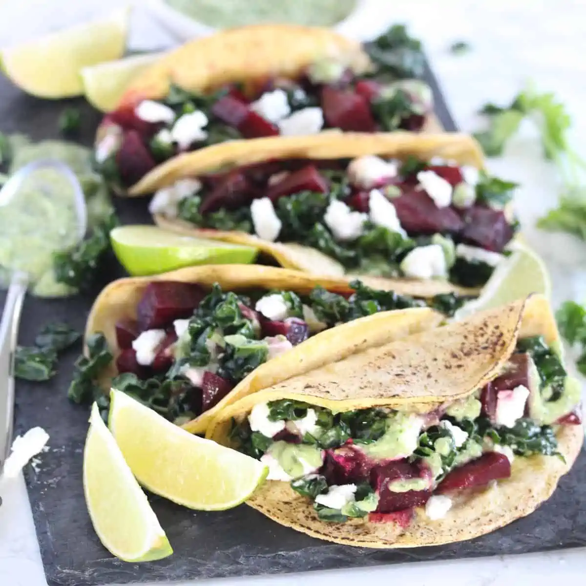 Beet and Kale Tacos with Avocado Sauce