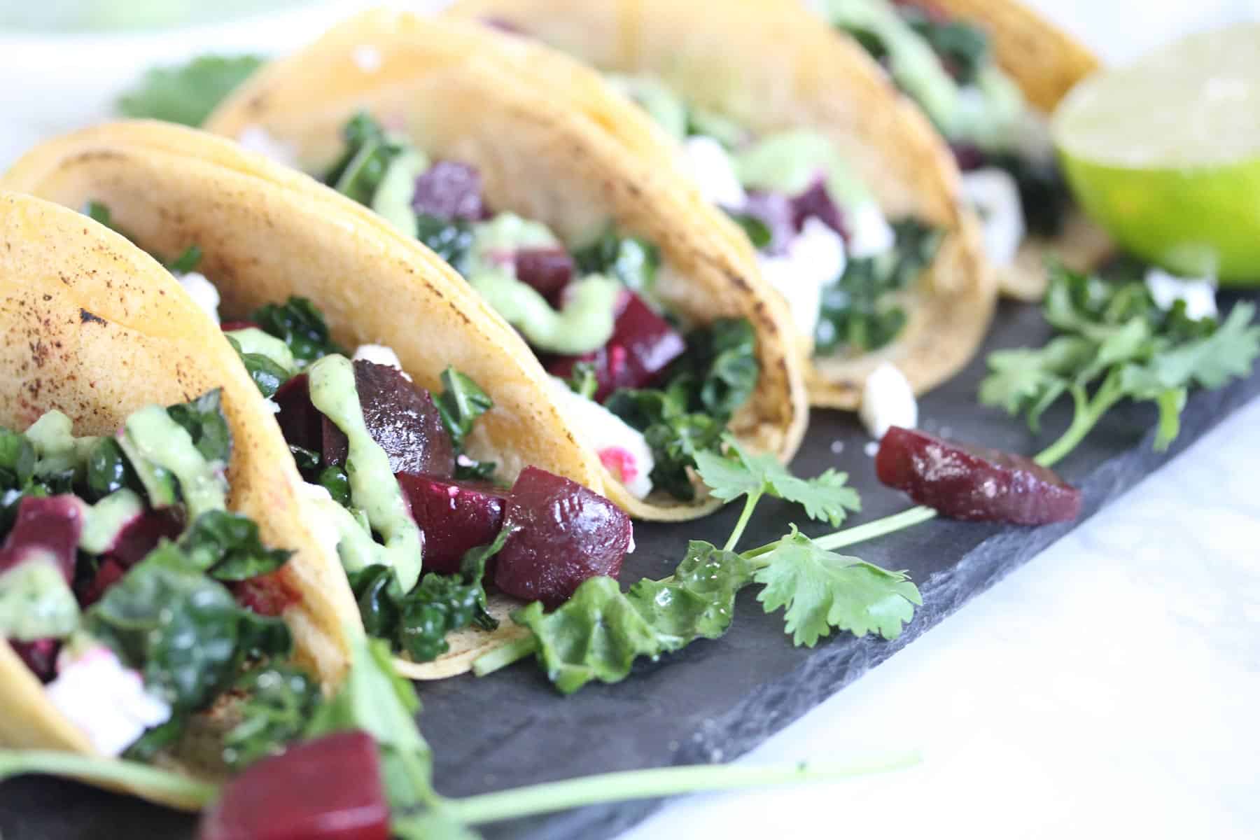 Beet and Kale Tacos with Avocado Sauce Zested Lemon