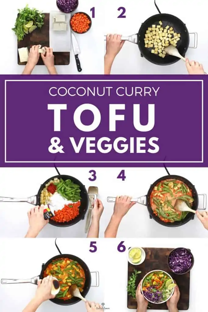 Instructions to make coconut curry tofu and veggies.